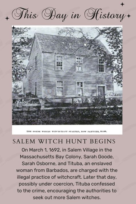 On March 1, 1692, in Salem Village in the Massachusetts Bay Colony, Sarah Goode, Sarah Osborne, and Tituba, an enslaved woman from Barbados, are charged with the illegal practice of witchcraft. Later that day, possibly under coercion, Tituba confessed to the crime, encouraging the authorities to seek out more Salem witches. Henrietta D. Kimball, Public domain, via Wikimedia Commons #history #thisdayinhistory #historylovers 1692 Tattoo Salem, Tituba Salem, Salem Witch Trials Facts, Salem Village, Salem Witch Hunt, Salem Witches, Massachusetts Bay Colony, Witch History, Call Of Cthulhu Rpg