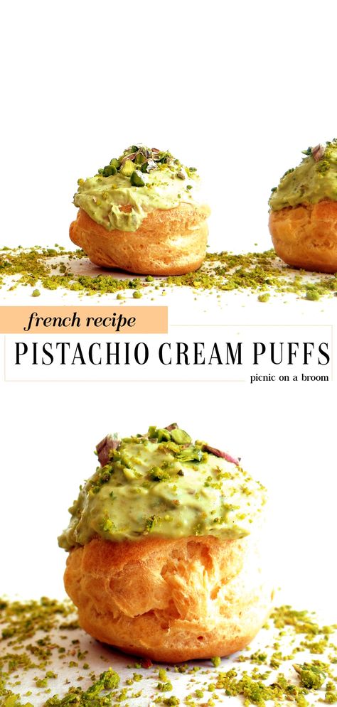 What To Do With Pistachio Cream, Pistachio Cream Puffs, Apricot Curd, Tea Time Treats, Cream Cheese Puffs, Mediterranean Desserts, Chocolate Cream Puff, Choux Cream, Traditional French Recipes