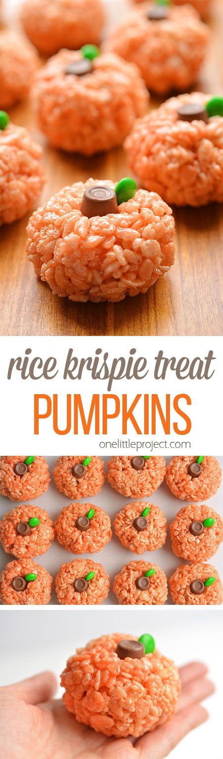 These rice krispie treat pumpkins are ADORABLE and they're really easy to make! They'd be perfect for a Halloween party snack, or even Thanksgiving! Menu Halloween, Pumpkin Rice, Halloween Party Snacks, Halloween Treats Easy, Thanksgiving Treats, Rice Krispy, Halloween Baking, Rice Krispie Treats, Snacks Für Party