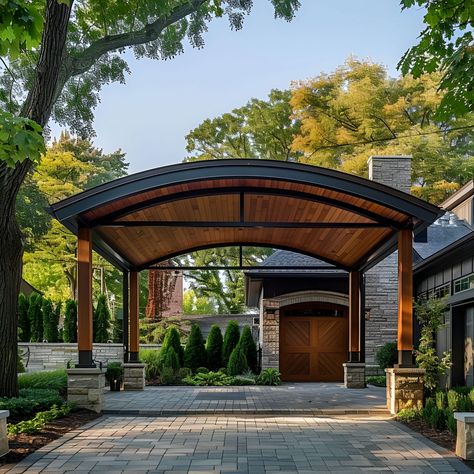 Elegant modern carport with an arched roof crafted from wood and stone, set against the luxurious backdrop of a leafy suburban home. This high-end structure combines functionality with natural materials, beautifully illuminated by bright daylight. Perfectly captured in a hyper-realistic style, the image showcases the harmony of design and environment. Cool Carports, Fancy Carport, Car Port Ideas Carport Designs, Car Port Design, Arched Roof, Wooden Carports, Modern Carport, Evergreen House, Car Shed