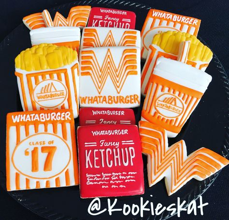 Whataburger cookies  Whataburger decorated cookies 16th Birthday Cookies, What A Burger, Burger Party, Cookie Frosting, Twin Birthday, Creative Cookies, Cookie Inspiration, 14th Birthday, Cute Cookies