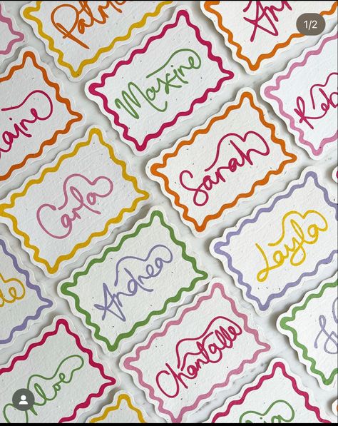 Wedding Place Settings Colorful, Cricut Menu Cards, Unique Name Cards Wedding, Women’s Event, Funky Wedding Decor, Colorful Dinner Party, Whimsical Dinner Party, Wedding Guest Name Cards, Bachelorette Dinner Party