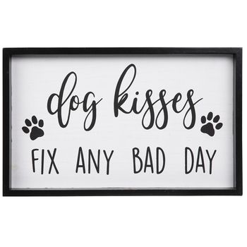 Celebrate man's best friend in style with Dog Kisses Wood Wall Decor. This cute MDF piece features a white background with black text, small paw print designs, and a coordinating black frame. Hang it on the wall along with pictures of your pup for a pet friendly home!     Dimensions:   Length: 10 1/4"  Width: 16 9/16"  Thickness: 1 1/8"  Orientation: Horizontal  Includes: 2 - Sawtooth Hangers      Full Text:   Dog Kisses Fix Any Bad Day Dog Room Decor, Dog Corner, Wall Decor Hobby Lobby, Dog Wall Decor, Dog Kisses, Paw Print Design, Dog Rooms, Dog Crafts, Pet Signs