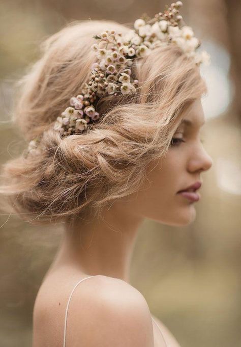 Romantic floral updo. #hair #boho #floral Flowers In Her Hair, Pink Hair, Her Hair, Headpiece, A Woman, Flowers, Hair, Pink