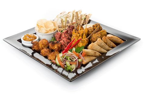 Indian Platter: spicy vegetable samosas, mini onion bhajis, vegetable pakoras, chicken tikka skewers and tandoori chicken skewers, with mango chutney and salad garnish Savoury Platter, Onion Bhajis, Vegetable Samosa, Clean Meal Prep, Sweet Potato Gnocchi, Mango Chutney, Gnocchi Recipes, Chicken Skewers, Entertaining Recipes