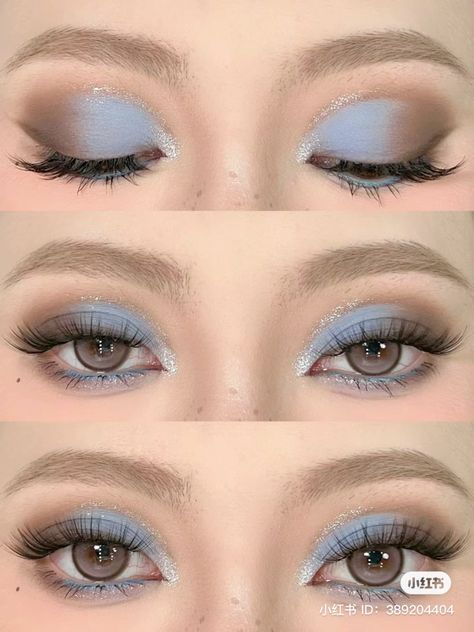 Neutral Blue Makeup Looks, Light Blue Makeup With Gems, Light Blue Under Eye Makeup, Steel Blue Makeup, Copper And Blue Makeup, Blue Makeup Inspiration, Light Blue And Brown Eyeshadow, Blue Make Up Brown Eyes, Blue Eye Makeup On Brown Eyes