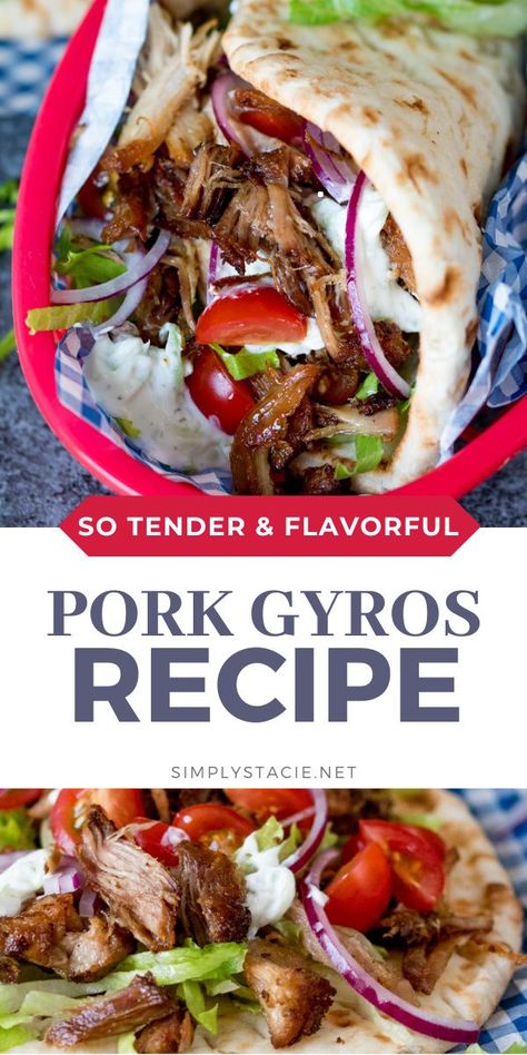 Pork Gyros with Tzatziki and Sweet Chili Sauce - This recipe for pork gyros is a keeper – one taste and you’ll be hooked! Pork Gyros Recipe, Gyro Meat Recipe, Greek Night, Pork Gyros, Gyros Recipe, Recipe For Pork, Greek Gyros, Gyro Recipe, Simply Stacie