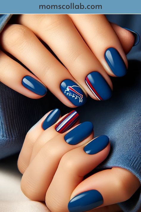 10 Minimalist Nail Designs for the Buffalo Bills Fan Blue And White Football Nails, Buffalo Bills Nails Design, Game Day Nails Football, Football Season Nails, Bills Nails, Buffalo Bills Nails, Nfl Nails, Football Nail Designs, January Nail Designs