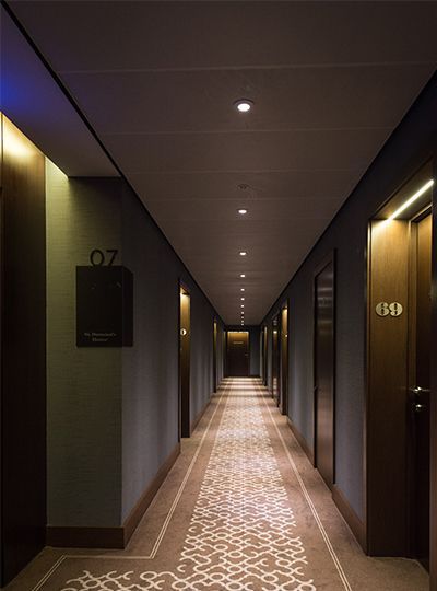 Nulty - St Dunstan's Court, Fetter Lane, London - Lighting Design Scheme Corridor Hallway Apartment Entrances Apartment Corridor, Exterior Lighting Design, Apartment Entrance, Entrance Lighting, Hotel Corridor, Hotel Hallway, Corridor Design, Corridor Lighting, Hallway Design