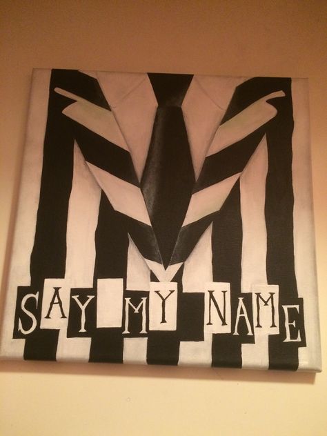 Based off of the Playbill for the Broadway musical with the lyrics "say my name" Halloween Painting Beetlejuice, Beetle Juice Painting Canvas, Beetlejuice Acrylic Painting, Beetle Juice Craft Ideas, Easy Beetlejuice Painting, Word Painting Ideas, Beetlejuice Painting Ideas, Painting Ideas On Canvas Fall Aesthetic, Beetlejuice Painting Canvas