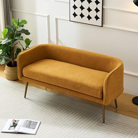 Bedroom Bench and Entryway Bench with Low backrest and armrests, Yellow Fabric Bench,Inside Sturdy Metal Frame Entrance Bench, Frame Storage, Fabric Bench, Window Benches, Storage Benches, End Of Bed Bench, Bedroom Desk, Living Room Bench, Bed Bench