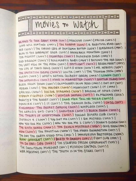 "movies to watch" list for bullet journal. each color corresponds to a different month, since I enjoy keeping track of which & how many movies I see per month. Movie List Bullet Journal Ideas, Movies To Watch List, Movie To Watch List, Journal Lists, Bullet Journal Inspo, Reading Journal, Diy Book, Bullet Journal Ideas Pages, Bullet Journals