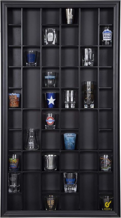 Black Wall-Mounted - Curio & Shot Glass Display Case - 17"x32" Glass Door - Bar Accessories - Shot Glass Display Ideas, Glass Display Ideas, Shot Glass Display, Bachelor Pad Ideas, Wall Mounted Display Case, Shot Glasses Display, Shot Glass Holder, Marble Pattern Design, Glasses Display