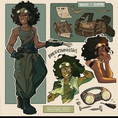 Character Design High School, Holding Goggles Pose, Character Exploration Sheet, Country Character Design, Female Mechanic Character Design, Multi Armed Character Design, Solar Punk Character Design, Poor Character Design, Character With Multiple Arms