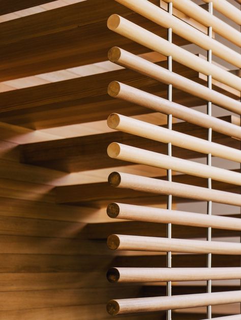 Wood Slat Screen, Blinds Lighting, Slatted Screen, Staircase Photos, Staircase Wood, Texas Farmhouse, Sustainable House, Wood Railing, Stairway Design