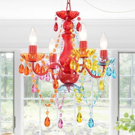 Plug-in Chandelier Multi-Color Acrylic Crystal Chandeliers for Bedroom - On Sale - Bed Bath & Beyond - 37782224 Bedroom Colourful, Chandeliers For Bedroom, Small Crystal Chandelier, Plug In Chandelier, Chandelier For Bedroom, Chandelier Store, Colorful Chandelier, Boho Garden, Crystal Chandelier Lighting