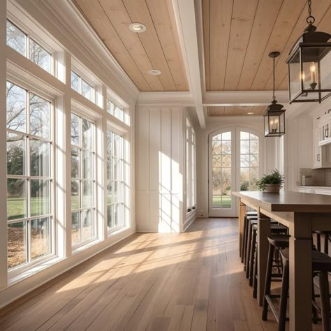 20 Shiplap Ceiling Ideas To Transform Your Space Cathedral Ceiling Living Room, Vault Ceiling, Paneling Makeover, Wood Plank Ceiling, Ceiling Design Ideas, Shiplap Ceiling, White Beams, Plank Ceiling, Basement Kitchen