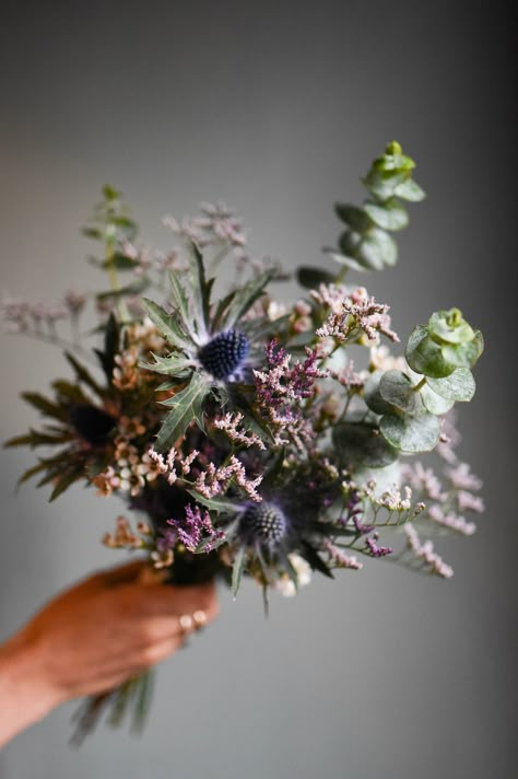 Purple Thistle Bouquet, Lavender Wildflower Wedding Bouquet, Thistle In Bouquet, Lupine Flowers Wedding, Scottish Heather Wedding Bouquet, Scottish Wildflower Bouquet, Heather Bouquet Wedding, Lavender And Navy Bouquet, Lavender And Blue Bouquet