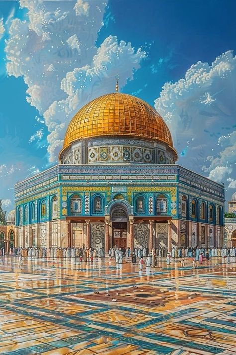 Qods Mosque, Al Aqsa Mosque Painting, Al Aqsa Painting, Aqsa Mosque, Images Jumma Mubarak, Islamic Poster, Al Qur'an Photography, History Of Islam, Mosque Art