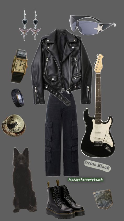 Sirius black padfoot outfit inspo marauders gay wolfstar Black Outfit Grunge, Gay Outfits, Hogwarts Outfits, Black Wardrobe, Hip Style, Rock Outfits, Tomboy Outfits, Grey Outfit, Vibe Clothes