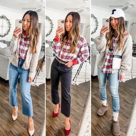 Holiday Plaid Shirt Outfit, Christmas Plaid Shirt Outfit Women, Flannel Christmas Outfit, Christmas Flannel Outfit, Plaid Button Up Shirt Outfit, Plaid Shirt Outfit Women, Red Flannel Outfit, Holiday Fits, Casual Holiday Outfits