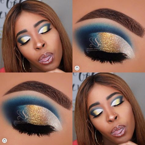 Blue And Gold Eye Makeup Tutorial, Gold And Blue Eyeshadow Looks, Blue And Gold Cheer Makeup, Blue And Gold Halloween Makeup, Blue And Gold Eyeshadow Tutorial, White Gold Makeup, Gold Cut Crease, Tutorial Eyeshadow, Navy Blue And Gold