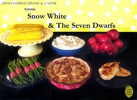 Disney Inspired Dinner & A Movie: Snow White #lemonbabydesigns #disneylove #familynight #snowwhite Disney Inspired Dinner, Snow White Dinner, Disney Movie Night Menu, Dinner Party Mains, Disney Movie Night Food, Snow White Movie, Disney Movie Night Dinner, Movie Night Dinner, Movie Night Food