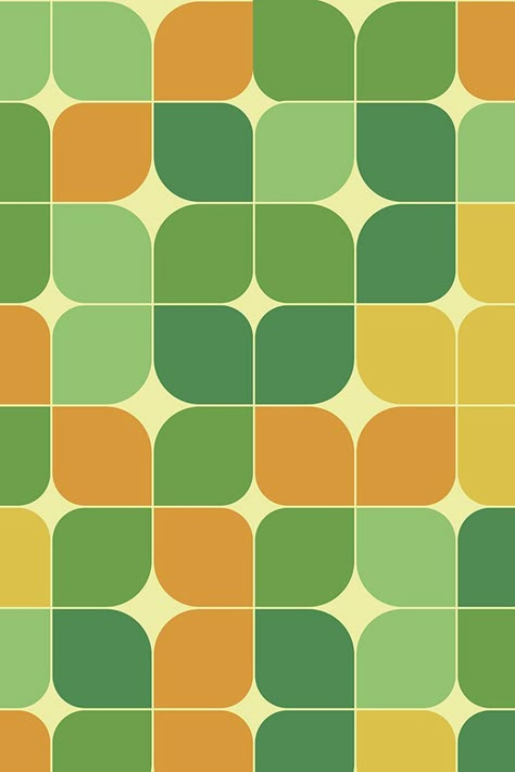 Abstract retro 70s geometric leaves pattern in green and orange Retro Prints And Patterns, Geometric Pattern Interior, Retro Pattern Geometric, 1970s Living Room, 70s Prints, 60s Wallpaper, Geometric Leaves, 70s Interior Design, 60s Patterns