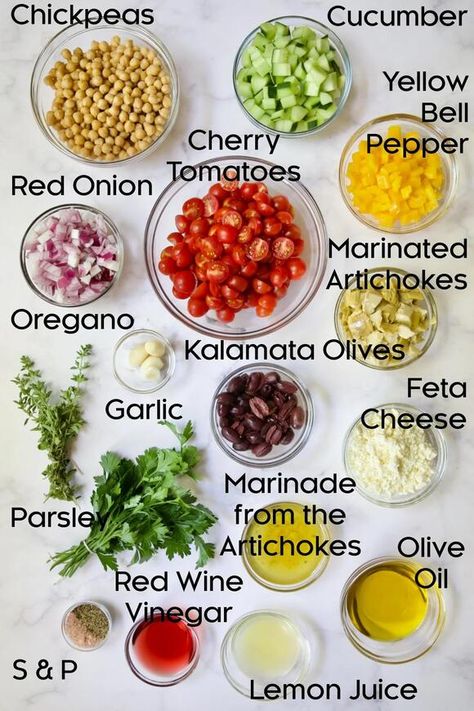 Mediterranean Chopped Salad Recipes, Chopped Mediterranean Salad, Greek Chopped Salad Recipes, Chopped Salad Dip, Chickpea Mediterranean Salad, Mediterranean Salads Healthy, Mediterranean Diet Recipes Salads, Medatrainian Diet, Chopped Salad With Chickpeas