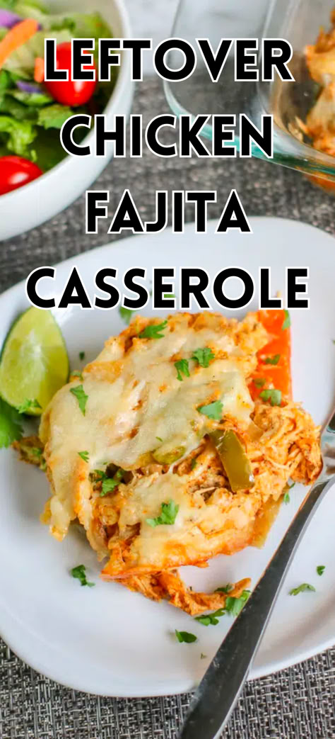 Dinner is on the table in less than 30 minutes with this easy recipe. Piles of cheese and chicken, with tasty vegetables, make this Leftover Chicken Fajita Casserole a must-have on your menu plan. The entire family will be raving about this delicious leftover rotisserie chicken recipe! Leftover Chicken Fajitas Recipes, Leftover Chicken Fajitas Ideas, Healthy Recipes With Leftover Chicken, Salsa Chicken Leftovers, Best Leftover Chicken Recipes, Leftover Mexican Chicken Recipes, Leftover Pulled Chicken Recipes, Recipe With Leftover Chicken, Leftover Fajitas Ideas