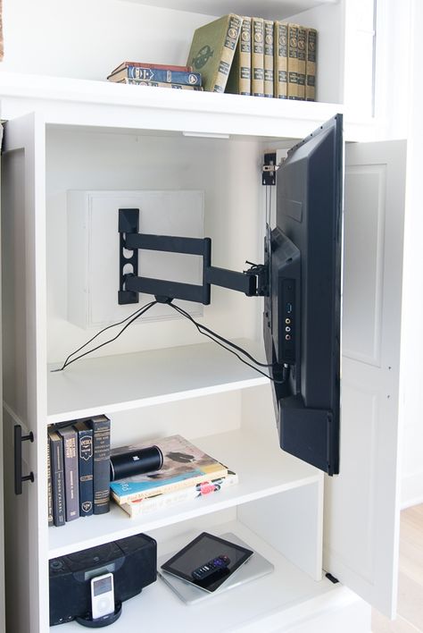 Friday Feels - Hidden TV Cabinet Built-ins - The Lilypad Cottage Tv Hidden, Hide Your Tv, Hidden Tv Cabinet, Living Room With Tv, Room With Tv, Tv Wall Panel, Hide Tv, Tv Cupboard, Swivel Tv Stand