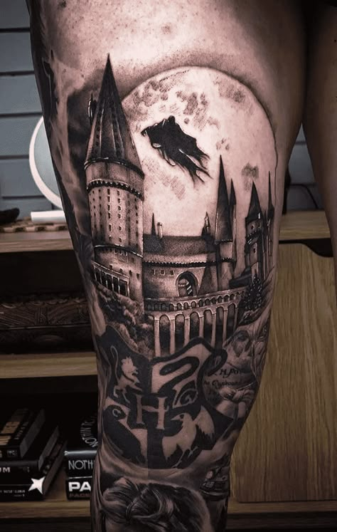 Hogwarts Tattoo Design Images (Hogwarts Ink Design Ideas) Hogwarts Leg Tattoo, Harry Potter Sleave Tattoo, Hogwarts Tattoo Design, Harry Potter Arm Tattoo Ideas, Harry Potter Back Tattoo, Harry Potter Leg Sleeve, Harry Potter Tattoos Men, Hogwarts Legacy Tattoo, Harry Potter Forearm Tattoo