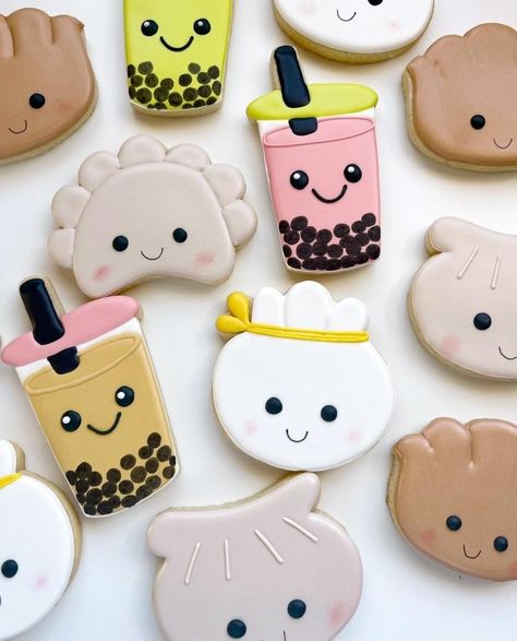 Boba Tea Cookies, Boba Tea Baby Shower Theme, Kawaii Party Ideas, Boba Accessories, Dumpling Birthday, Dumpling Party, Boba Party, Tea Party Cookies, Tea Party Desserts