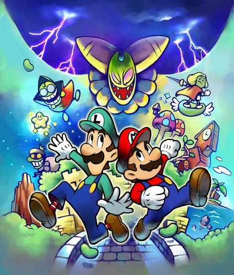 Box Art Illustration | Mario & Luigi: Superstar Saga Mario And Luigi Superstar Saga, Mario And Luigi Games, Superstar Saga, Mario Party Games, Nintendo Mario Bros, Mario Y Luigi, Saga Art, Nintendo World, Mario Luigi