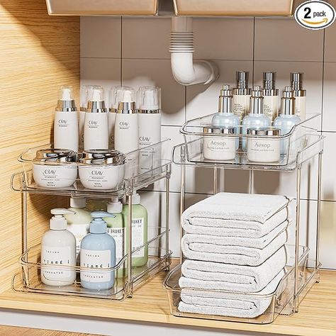 Amazon.com: Delamu 2 Sets of 2-Tier Clear Under Sink Organizers and Storage, Multi-Purpose Stackable Bathroom Cabinet organizers, Pull Out Kitchen Pantry Organization and Storage with Dividers : Home & Kitchen Under Sink Vanity Storage, Bathroom Vanity Organization Under Sink, Bathroom Organization Under Sink, Bathroom Under Sink Organization, Kitchen Pantries, Organization Goals, Under Bathroom Sink, Under The Sink Organization, Bathroom Vanity Organization