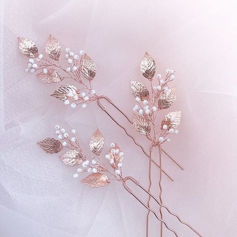 Bridal Headpieces Diy, Wedding Hair Pearl, Gypsophila Hair, Engagement Hair, Rose Gold Accessories, Bridesmaid Hair Pins, Unique Bridal Jewelry, Hair Pins Wedding, Rose Gold Leaf