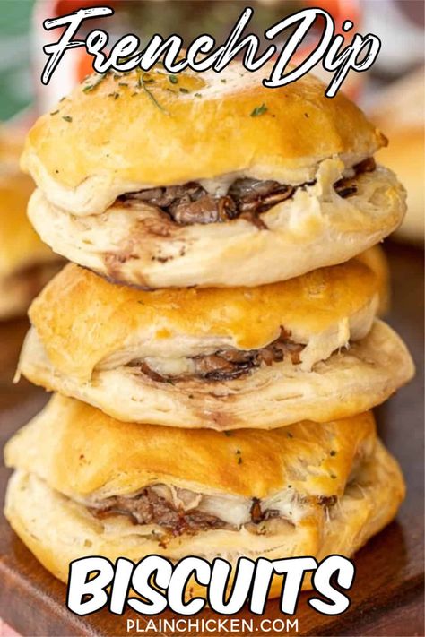 French Dip Crescent Rolls, Flakey Biscuits, Football Friday, Layered Salad Recipes, Potluck Side Dishes, Au Jus Gravy, Canned Biscuits, Meat Sandwich, Plain Chicken