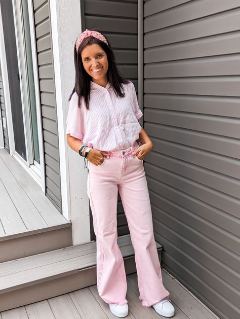 Classy Teacher Outfit that is Barbie Inspired! High waisted pink jeans with sneakers and a pink embellished headband 🩷 Pink Pants Teacher Outfit, Pink Teacher Outfit, High Waist Pink Jeans For Work, Retro High Waist Pink Pants, Chic High-waisted Pink Pants, Pink Puma Sneakers, Non-stretch High Waist Pink Jeans, Pink Pumas, Supportive Husband