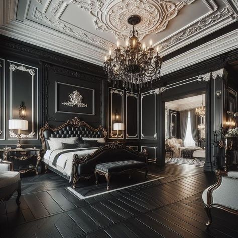 Palace Bedroom Royal Dark, Old Money Bedroom Aesthetic Dark, Mafia Room Aesthetic, Monochrome House Interiors, Mafia Bedroom, Black Themed House, Rich Bedroom Luxury, Mafia House Aesthetic, Bedroom Aesthetic Dark