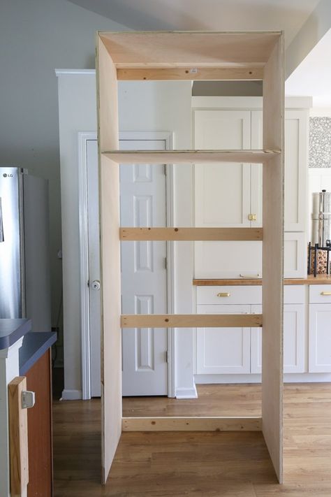 How to Build a DIY Refrigerator Cabinet Built In - Angela Marie Made Diy Oven Cabinet, Box In Fridge, Open Shelves Around Refrigerator, Freestanding Pantry Cabinet Diy, Diy Cabinet Over Fridge, Beside Fridge Cabinet, Build Cabinet Around Fridge, Kitchen Pantry Wall Cabinets With Fridge, Diy Cabinet Built In