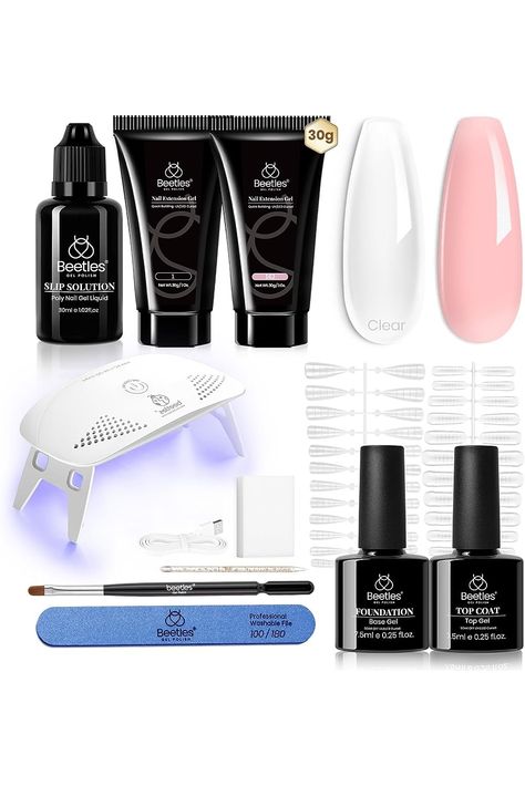 Beetles Poly Nail Extension Gel with Uv Light Starter Kit- 2 Pcs Clear Nude Pink Gel All In One Kit Poly Nails Gel Builder Hybrid Jelly Gel with Base Top Coat Slip Solution Nail Forms French Manicure Poly Nails, Nails Vintage, Gel Builder, Builder Gel Nails, Gel Set, Pink Gel, Gel Nail Kit, Polygel Nails, Led Nail Lamp