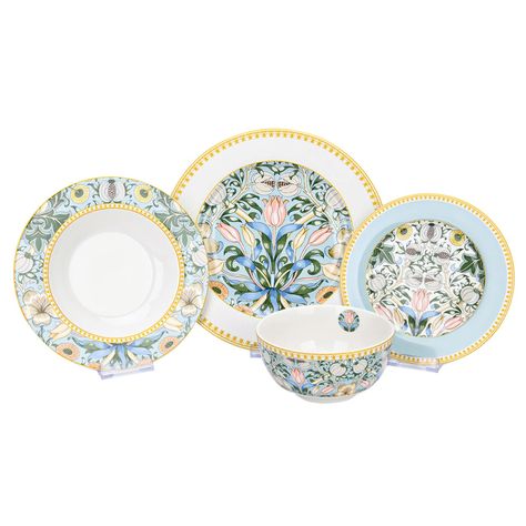 PRICES MAY VARY. Material : bone china. Made in : China Set Contains : 6 dinner plates, 6 dinner bowls, 6 dessert plates, 6 cereal bowls Dimensions : Dinner Plate - 10.5" (26.7 cm) Dinner Bowl - 8.5" (21.5 cm) Dessert Plate - 7.5" (19 cm) Cereal Bowl - 5.5" (14 cm) This design is distinguished by the delicacy of the color and the subtlety of the pattern. Pastel turquoise color scheme of European baroque combined with oriental pomegranates and tulips. The Dinnerware Set will delight you and your China Dinnerware Sets, Bone China Dinnerware, Dinner Bowls, Bedroom Gift, Porcelain Dinnerware, Porcelain China, China Sets, Dinner Plate Sets, Dessert Plates