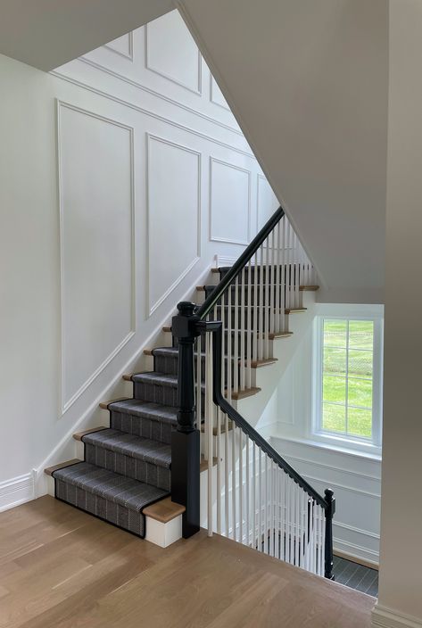 Glenview Family Home — London Walder Interior Design London Style Home, Frame Stairs Wall, Wall Molding Stairs, Foyer Wall Trim, Stairs Feature Wall, Stair Moulding, Stairway Wainscoting, Staircase Molding, Wainscoting Staircase