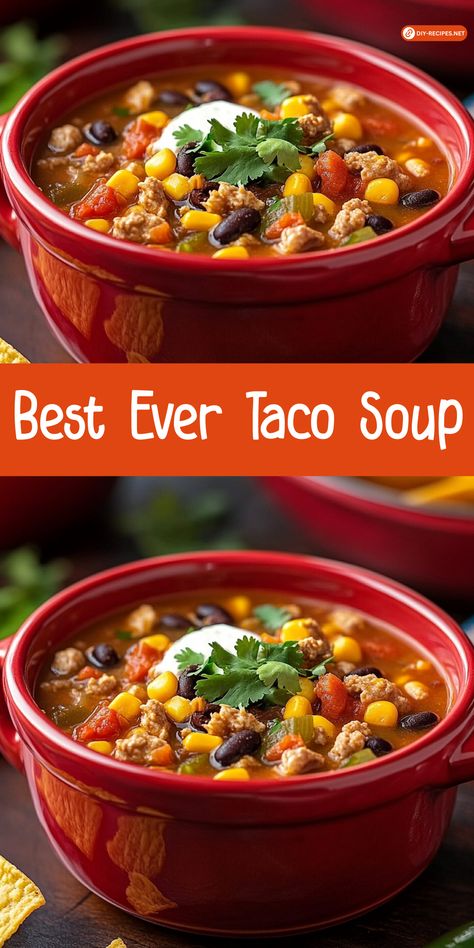 Discover the best ever Taco Soup recipe! With ground beef, fire-roasted tomatoes, and a blend of beans, this soup is flavorful and satisfying. Turkey Taco Soup, Chili Soup Recipe, Tomato Paste Recipe, Taco Soup Recipe Easy, Crockpot Chicken Pot Pie, Recipe With Ground Beef, Easy Taco Soup, Soup With Ground Beef, Taco Soup Recipe