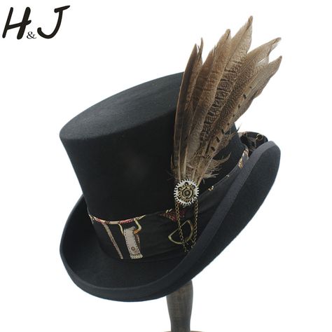 Find More Fedoras Information about Top 13.5CM Black Fedora Hat Wool Women Men Steampunk Top Hat Handwork Leather Magic Cosplay Party Cylinder Hat Caps Dropshipping,High Quality Fedoras from 8090 NO.1 Fashion on Aliexpress.com Steampunk Cosplay Diy, Steampunk Gloves, Men Steampunk, Steampunk Bag, Steampunk Shoes, Steampunk Pocket Watch, Steampunk Top, Mode Steampunk, Black Fedora Hat