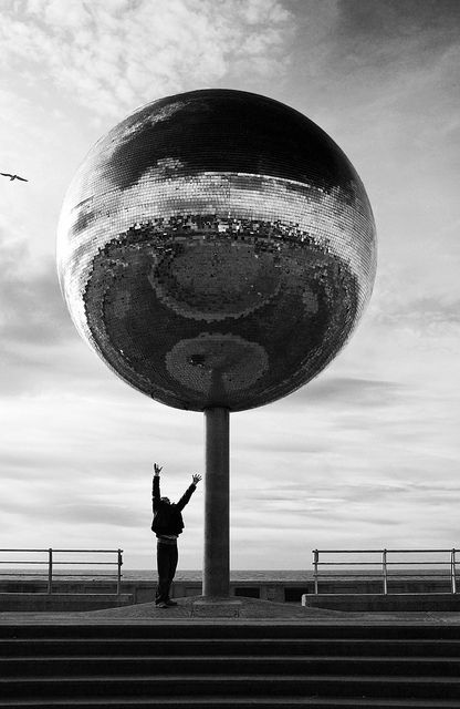 Blackpools disco ball Blackpool Beach, Glitter Ball, Mirror Ball, Disco Balls, Blackpool, Disco Party, Disco Ball, Op Art, Black And White Photography