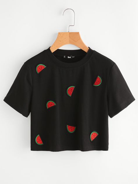 Embroidered Watermelon, Watermelon Patch, Watermelon Shirt, T Shirt Painting, Embroidery Top, Embroidered Tee, Short Sleeve Cropped Top, J Fashion, Women T Shirts