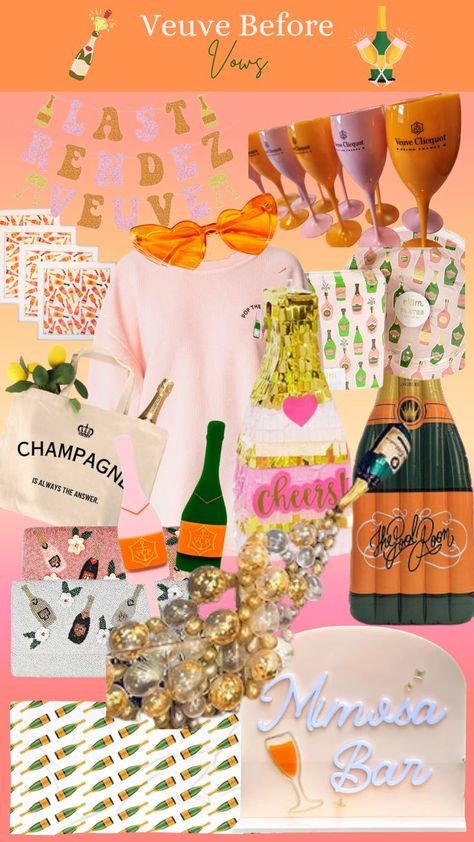 Explore a chic collage showcasing a selection of Champagne Themed Bachelorette Party essentials, featuring elegant champagne flutes and sparkling decor for a celebration filled with effervescent joy. Plan a bubbly bash with ease, allowing the champagne vibes and sparkling charm to set the stage for a gathering filled with love, laughter, and memories as exquisite as the finest champagne. Veuve Before Vows, Champagne Bachelorette Party, Bachelorette Party Essentials, Ultimate Bachelorette Party, Themed Bachelorette Party, Bachelorette Party Planning, Bachelorette Themes, Party Essentials, Bachelorette Party Themes