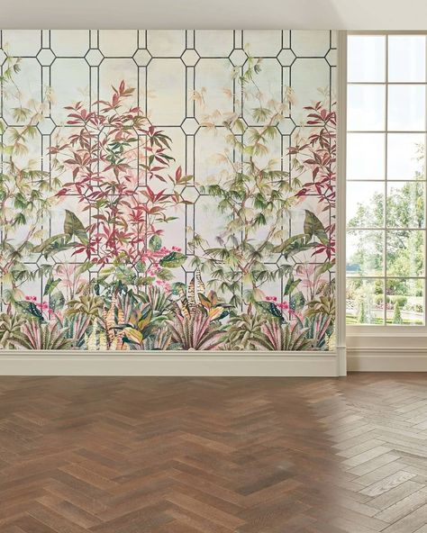 A botanical style wallpaper featuring flowers and plants infused within the trees. Katsura by Osborne & Little features a flowering display of colourful blooms and plants as they trail up against the acer trees, creating a beautiful shadow effect against the mirror trellis background. This wall mural has been beautifully hand-painted in an impressionistic watercolour style, perfect for creating a stunning feature wall in your home. #designerwallpapers #osborneandlittle #wallpaperwednesday Acer Trees, Osborne And Little Wallpaper, Shadow Effect, Style Wallpaper, Latest Colour, Wallpaper Calculator, Personalized Wall, Photo Wallpaper, Awe Inspiring