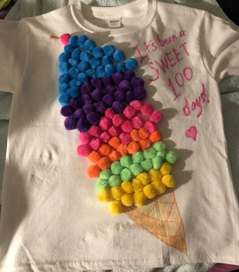 Audrey’s 100th day of school shirt - 100 days - ice cream shirt - Pom poms - diy School Shirt Ideas, 100 Days Of School Ideas, 100 Days Of School Project Kindergartens, 100 Day Project Ideas, 100 Day Shirt Ideas, Aesthetic King, 100days Of School Shirt, 100 Días De Clases, 100th Day Of School Crafts